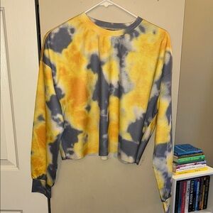 Tie-Dye Long Sleeve Crop Top - Yellow and Gray